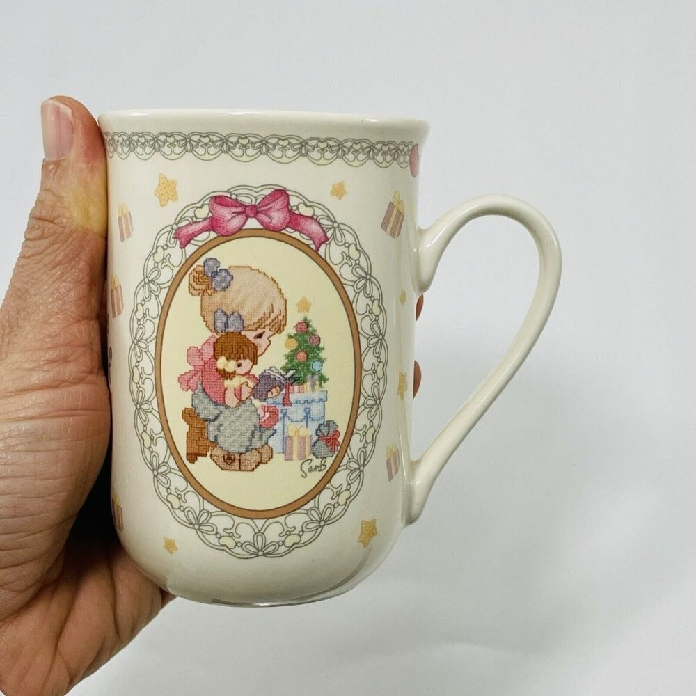 Precious Moments Enesco Mug Jesus Christian Gloria Pat Cross Stitch Design Vtg